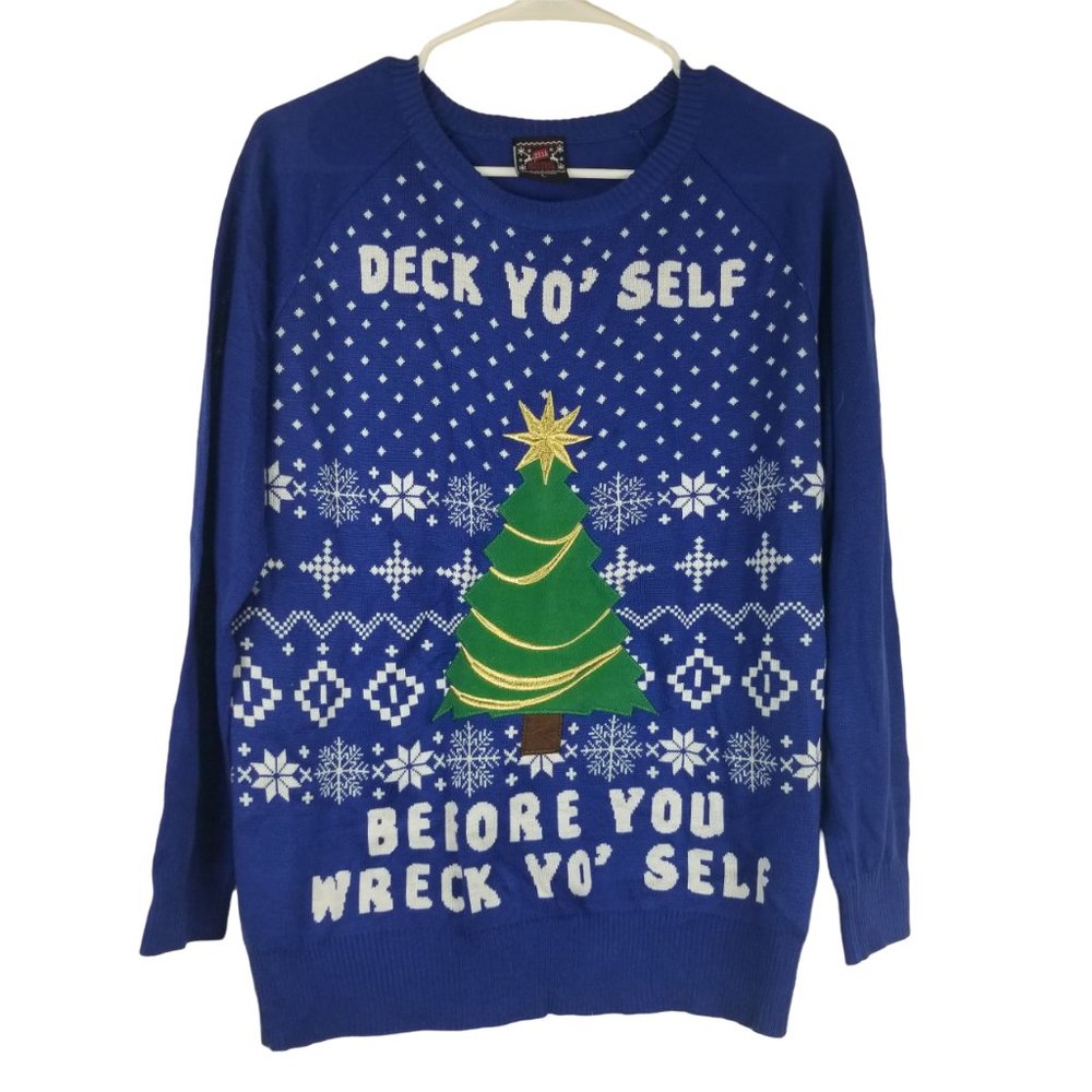 Deck Yo Self Before You Wreck Yo Self Funny Ugly Christmas Sweater Women’s M/L